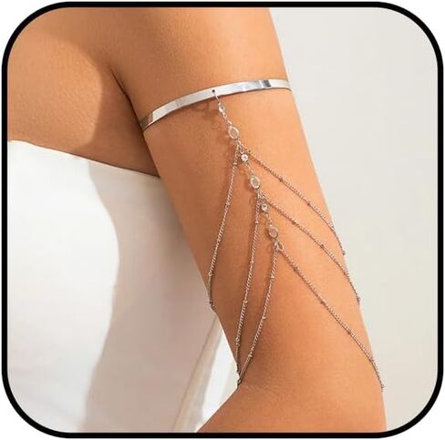 Gold Arm Cuff for Women Layered Crystal Tassel Upper Arm Cuff Multi-layered Bikini Rhinestone Armlet Adjustable Stackable Minimalist Armband Summer Beach Jewelry in Saudi Arabia