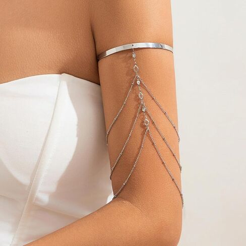 Gold Arm Cuff for Women Layered Crystal Tassel Upper Arm Cuff Multi-layered Bikini Rhinestone Armlet Adjustable Stackable Minimalist Armband Summer Beach Jewelry in Saudi Arabia