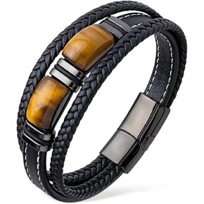 Tiger Eye Bracelet Men Leather Braided Black Wristband Natural Stone Protection Stainless Steel Bangle Gifts for Him in Saudi Arabia