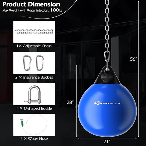 Goplus Water Aqua Bag, 21'' 180 Pound /18" 110 Pound Heavy Punching Bag with Adjustable Metal Chain, Water Injection Hose, Boxing Training Bag for Adults Fitness, MMA in Kuwait