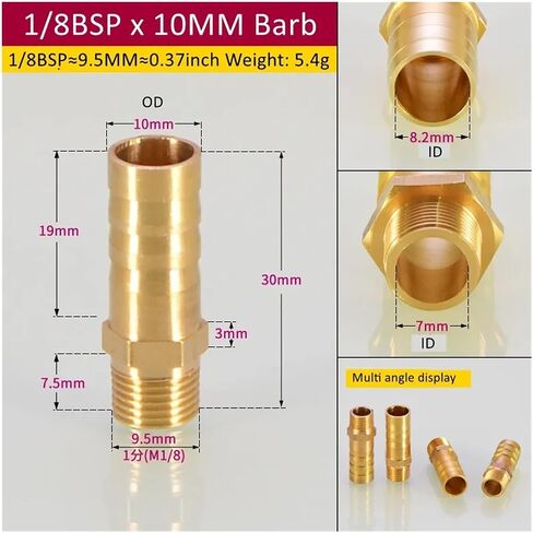 Brass Pipe Fitting 6/8/10/12/14/16mm Hose Barb Tail 1/8" 3/8" 1/4" Male Connector Joint Copper Coupler Adapter(1/8 BSP 10mm Barb) in Kuwait