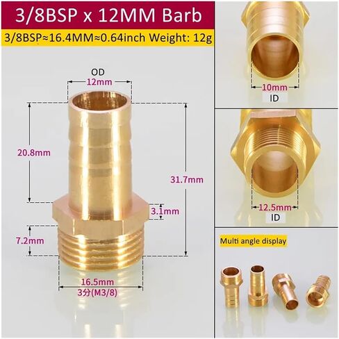Brass Pipe Fitting 6/8/10/12/14/16mm Hose Barb Tail 1/8" 3/8" 1/4" Male Connector Joint Copper Coupler Adapter(1/8 BSP 10mm Barb) in Kuwait