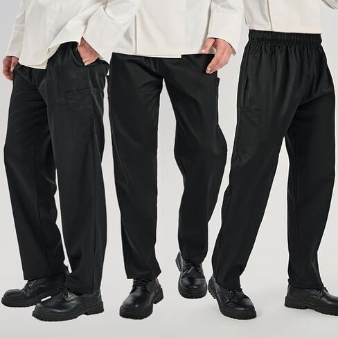 Men's 3-Pack Chef Pants - Lightweight Elastic Waist Work Pants for Kitchen & Restaurant in Kuwait