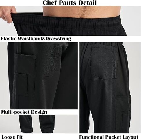 Men's 3-Pack Chef Pants - Lightweight Elastic Waist Work Pants for Kitchen & Restaurant in Kuwait