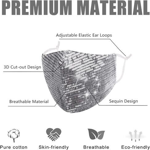 2 PCS Sequin Face Mask مع جيب المرشح ، حلقات الأذن القابلة للتعديل ، قناع تنكر للنساء in Saudi Arabia