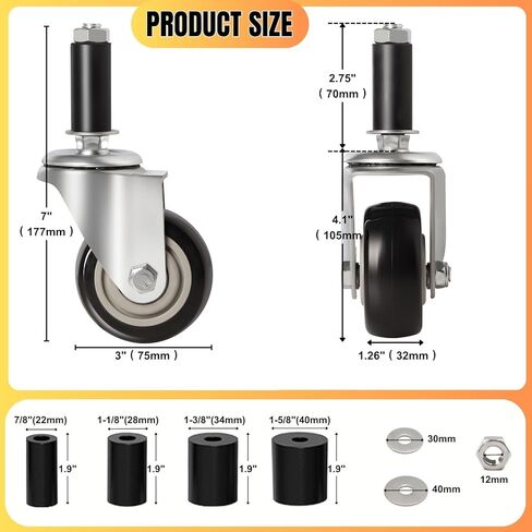 3 Inch Caster Wheels for Prep Table, Expanding Stem Casters with Dual Brake, Fit 7/8" to 1-5/8" Tube Leg Industrial Locking Wheels for Stainless Steel Table/Cart/Commercial Kitchen Appliances Leg in Kuwait