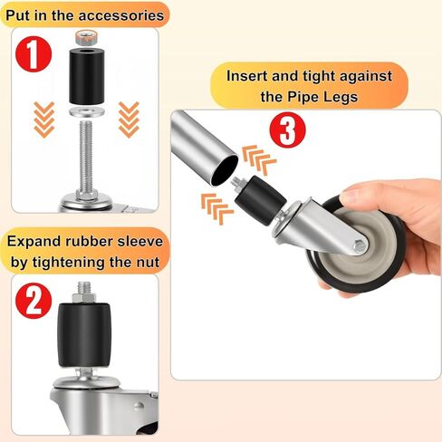 3 Inch Caster Wheels for Prep Table, Expanding Stem Casters with Dual Brake, Fit 7/8" to 1-5/8" Tube Leg Industrial Locking Wheels for Stainless Steel Table/Cart/Commercial Kitchen Appliances Leg in Kuwait