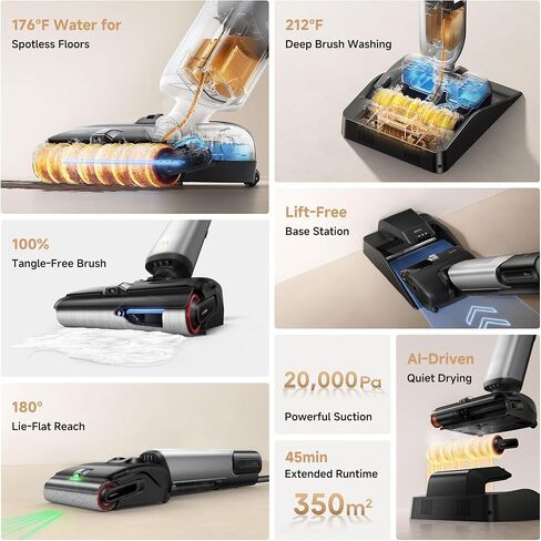 Mova X4 Pro Pro Prot Dry Cleaner ، 20000pa pacuum mop مع تشابك صفر ، ماء ساخن للتطهير من الفوضى اللزجة ، 194 ℉ تجفيف الهواء الساخن ، 180 درجة ، محطات شحن مسطحة ، شحن LED ، شاشة LED in Kuwait