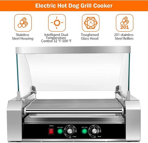 KOTEK Hot Dog Roller Machine, 18 Hot Dog and 7 Non-Stick Roller, Sausage Grill Cooker Machine with Glass Cover, Drip Tray, Dual Temperature Control for Commercial and Household Use (7 Rollers) in Kuwait