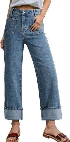 EVALESS Womens Jeans High Waisted Stretchy Cuffed Wide Leg Denim Pants with Pockets in Saudi Arabia