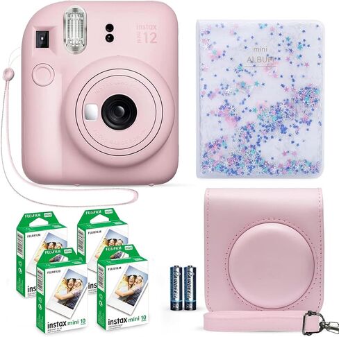 كاميرا Fujifilm Instax Mini 12 الفورية Blossom Pink + حزمة قيمة لفيلم Fuji Instax (40 ورقة) + حزمة ملحقات الغالق، بما في ذلك. حقيبة حمل متوافقة، ألبوم صور خرز الرمال المتحركة 64 جيبًا in Saudi Arabia