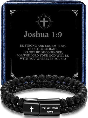 Men's Inspirational Christian Bracelet Lava Rock Bead Bracelets Healing Balancing Braided Leather Wristband Bracelet Gifts for Men Dad Husband in Kuwait