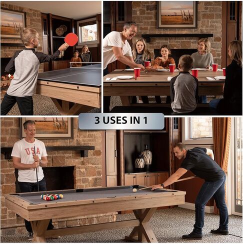 7 FT 3 in 1 Multi Game Pool Table with Dining Top Ping Pong Table Combo, Includes Pool Table Accessories and Tennis Paddles. in Kuwait