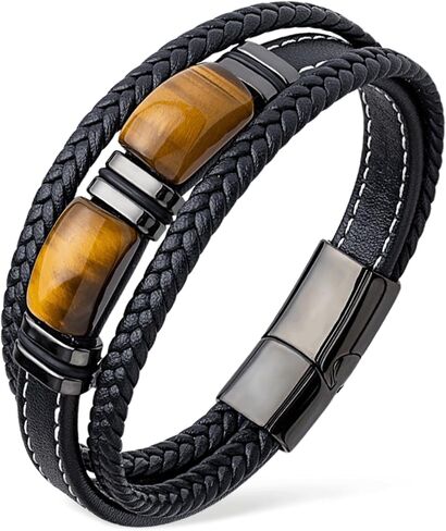 Tiger Eye Bracelet Men Leather Braided Black Wristband Natural Stone Protection Stainless Steel Bangle Gifts for Him in Saudi Arabia