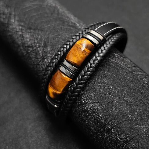 Tiger Eye Bracelet Men Leather Braided Black Wristband Natural Stone Protection Stainless Steel Bangle Gifts for Him in Saudi Arabia