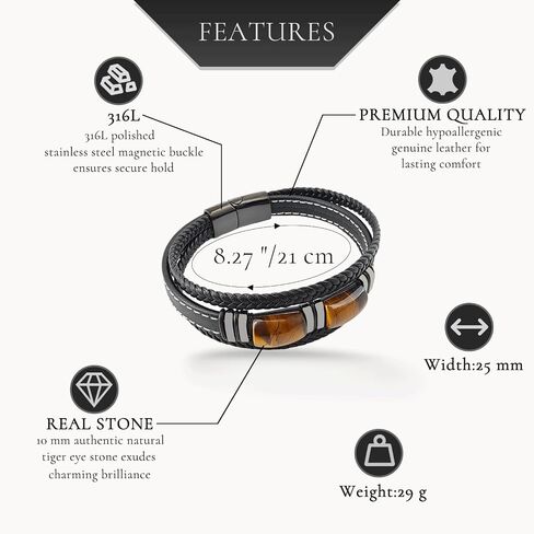 Tiger Eye Bracelet Men Leather Braided Black Wristband Natural Stone Protection Stainless Steel Bangle Gifts for Him in Saudi Arabia