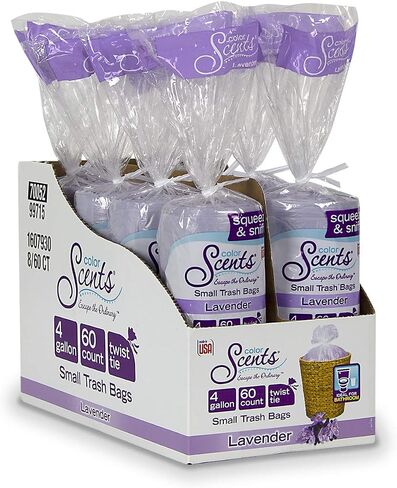 Color Scents Small Trash Bags - 4 Gallon, 480 Total Bags (8 Packs of 60 Count), Twist Tie - Lavender bag in Lavender Scent with Microban in Kuwait