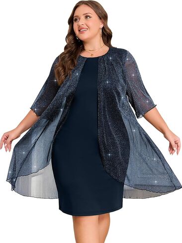 ZNU Plus Size Women Elegant Wedding Guest Mesh Dress Formal Gowns - 2025 Cocktail Party Midi Dress Half Sleeve in Kuwait