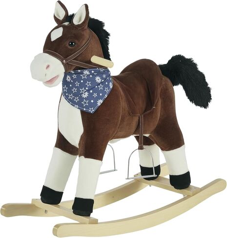Qaba Kids Plush Ride-on Rocking Horse Toy Round Rocker مع أصوات واقعية ممتعة للطفل 3-6 سنوات ، بني in Saudi Arabia
