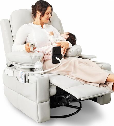 Rocking Chair Nursery with Adjustable Armrests, Electric Glider Recliner Nursing Chair for Breastfeeding, Power Swivel Recliner Chairs with USB Port and Storage, FSC Certified (Vanilla) in Kuwait