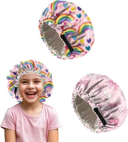 2 PCS Kids Bonnets for Girls Boys Satin Hair Bonnet Adjustable Double Layer Silk Child Night Sleeping Cap Cute-Astronaut in Saudi Arabia