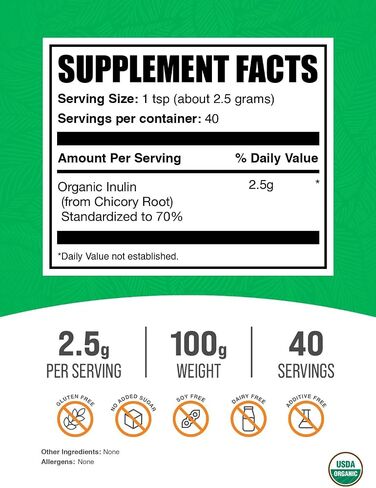 BulkSupplements.com Organic Inulin Powder - Inulin Supplement, Soluble Fiber Powder - Vegan & Gluten Free, Inulin Fiber - 2.5g per Serving, 500g (1.1 lbs) (Pack of 1) in Saudi Arabia