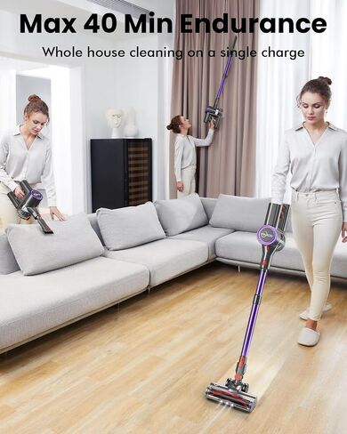 Cordless Vacuum Cleaner, 25kPA Vacuum Cleaners for Home, Stick Vac with Anti-Tangle Brush, 40 Mins Runtime, Lightweight, Versatile for Carpet, Hard Floor, Pet Hair (Purple) in Saudi Arabia