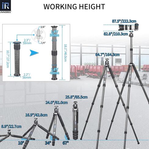 INNOREL KT364C Compact 10-Layer Carbon Fiber Camera Tripod 36mm Big Tube Professional Travel Tripod for Digital DSLR Video Camcorder Heavy Duty Camera Stand Load 66.1lb/30kg with Center Column in Saudi Arabia