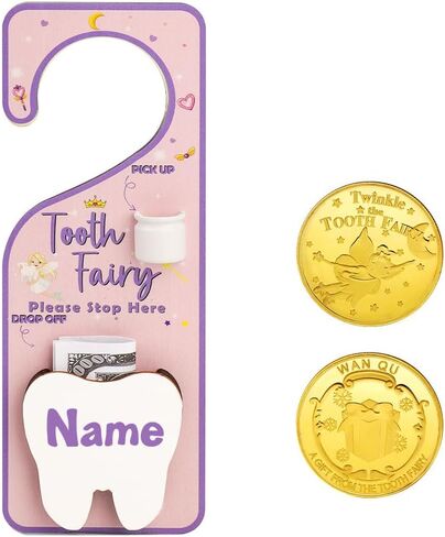 WALLFID 2-in-1 Customizable Tooth Fairy Tooth Holder & Door Hanger,Includes a Tooth Fairy Coin,Personalizable with Name and Date,Used for Holding Lost Teeth and Small Gifts (Wood 1) in Saudi Arabia