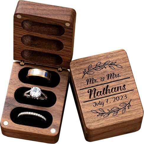 Wedding Ring Box Personalized, Mr. &Mrs. Double Ring Boxes for Ceremony, Engagement, Wooden Mini Round Ring Holder Elegant and Retro Ring Holder Box/Organizer in Saudi Arabia