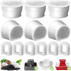 6-Pack Cat Fountain Replacement Carbon Filters, 6 Pcs Water Fountain Filters & 6 Pcs Replacement Foam for Ceramic Pagoda Avalon Butterfly Sedona Automatic Water Bowl Filters with Pre-Filter Foam