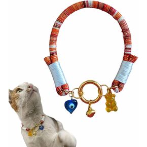 Cat Collar with Bell is Bohem, Evil Eye Beads for Girls and Boys Cats,Small Breed Dogs Cord Accessory with Charm tip (Colorful)