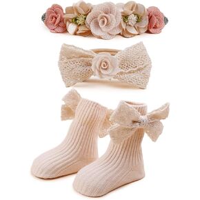 Baby Girl Nylon Headbands Socks Set Baby Bow Tie Socks Newborn Flower Socks Elastic Hairbands Hair Accessories Gift for Newborn Infant Toddlers (W-5)