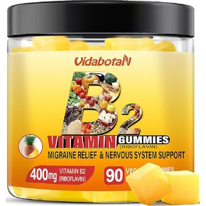 Vitamin B2 Gummies- Riboflavin 400mg with Magnesium & CoQ10 for Kids & Adults, Migraine Relief & Headache Relief - Pineapple Flavor, 90 Chewable Gummies