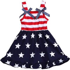 Toddler Kids Baby Girls 4th of July Outfit Straps Bowknot Stars Striped Dress Independence Day Clothes Sundress