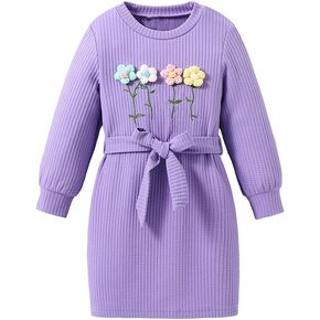 Toddler Long Sleeve Dress Hoodie Dress Little Girl Sleeved Lilac Skirt Bowknot Belt Fall Spring Waffle Weave