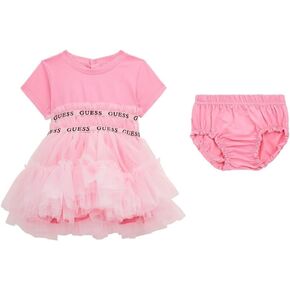 GUESS Baby Girls' Short Sleeve Jersey & Mesh Dress W/Logo Taping