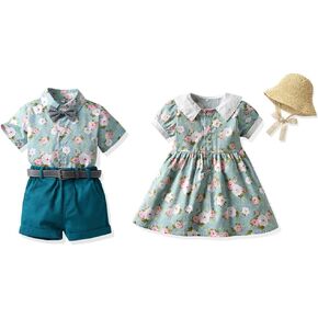 Summer Brother and Sister Matching Outfits Toddler Boys Gentleman Suits Infant Girls Dresses