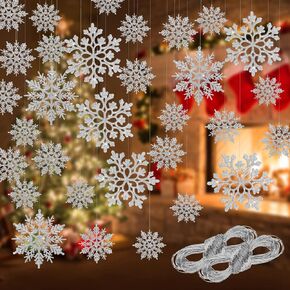 46 Pcs Gold Glitter Snowflake Ornaments Various Size Plastic Winter Snowflakes Ornaments Christmas Tree Decorations with Gold Rope for Winter Wonderland Christmas Tree Window Door Accessories