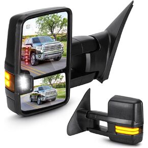 Towing Mirrors for Chevy GMC 2007-2013 Avalanche Silverado Tahoe Sierra Yukon 1500 3500 HD, 2008-13 Silverado Suburban 2500 Power heated with Sequence Turn Signal Running Light Telescoping (1 Pair)
