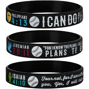 Sainstone Power of Faith Baseball Bible Silicone Bracelets with Inspirational Scriptures Philippians 4:13, Jeremiah 29:11, Isaiah 41:10, Motivational Wristbands Gifts for Sports, Men Women