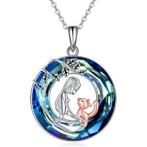 Cat Necklace Sterling Silver Cat Pendant Necklace with Blue Crystal Animal Jewelry Gifts for Women Girls
