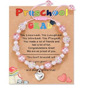 Kindergarten/Preschool/5th Graduation Gifts | Heart Bracelet for Daughter/Granddaughter/Niece | Pink Pearl and Rhinestone Balls Bracelet | Adjustable Length from 4-10 inches