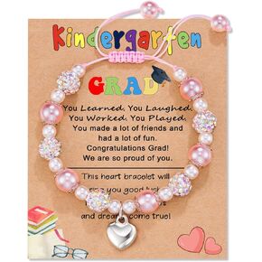 Kindergarten/Preschool/5th Graduation Gifts | Heart Bracelet for Daughter/Granddaughter/Niece | Pink Pearl and Rhinestone Balls Bracelet | Adjustable Length from 4-10 inches