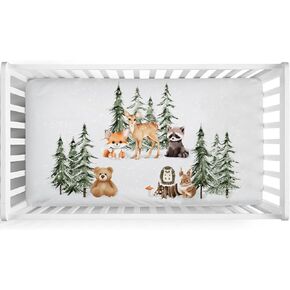 Woodland Animals Mountain Forest Baby Crib Sheets 52''x28'' Bear Raccoon Fox Deer Rabbit Hedgehog Stretchy Fitted Crib Mattress Sheet for Boy Girl Soft Bed Sheets for Standard Crib Toddler Mattress