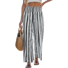 CUPSHE Women Pants Abstract Smocked Waist Long Pant Wide Leg Pant Casual