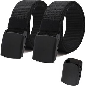 Nylon Tactical Military Men Belt Webbing Canvas Web Belts with Plastic Buckle No Metal Nickel Free, 2 Pack