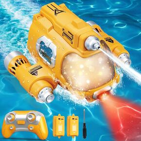 Remote Control Boat for Kids 6+, 2.4GHZ Mini RC Boat with Spray Water Pump and Led Lights Lakes & Swimming Pool Toys, 2 Rechargeable Batteries （Yellow）
