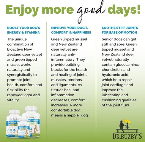 Dr. Buzby’s Encore Mobility Hip & Joint Supplement for Senior Dogs, 90 Chewable Tablets, Natural New Zealand Deer Velvet and Green Lipped Mussel, Pet Pain Relief in Saudi Arabia