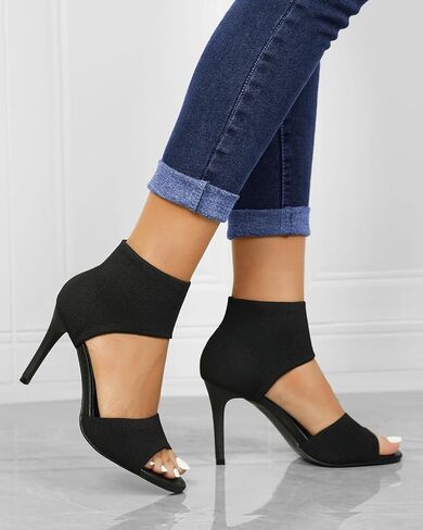 Peep Toe Heels for Women Sexy 3 Inches Stiletto Heeled Sandals for Women Open Toe Wide Stretchy Knit Heel Sandal Booties Slip On Comfortable Dressy Shoes for Prom, Party and Work in Saudi Arabia